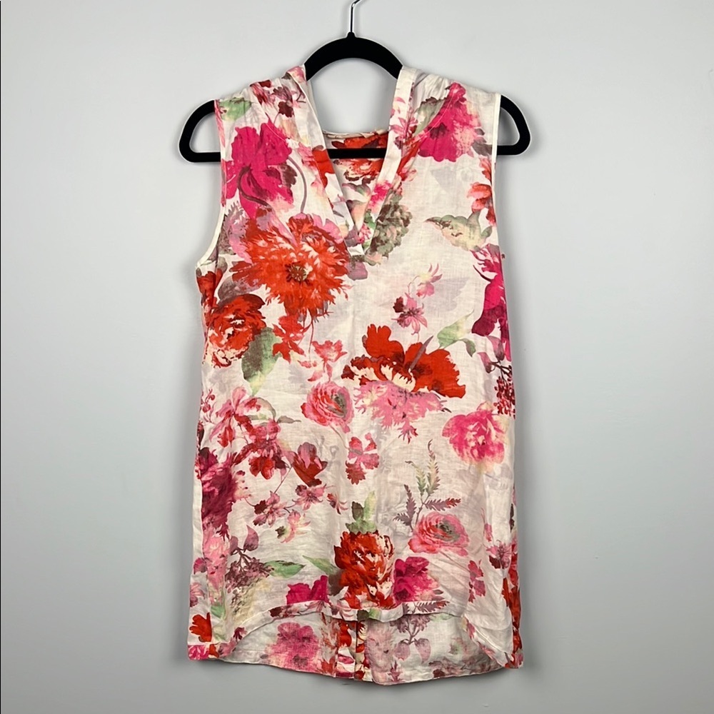 Soft Surroundings XS floral hooded linen button down back sleeveless top